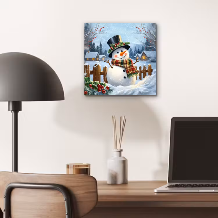 Aluminium schilderij - Sneeuwpop - Winterdorp - Kleurrijk — 6