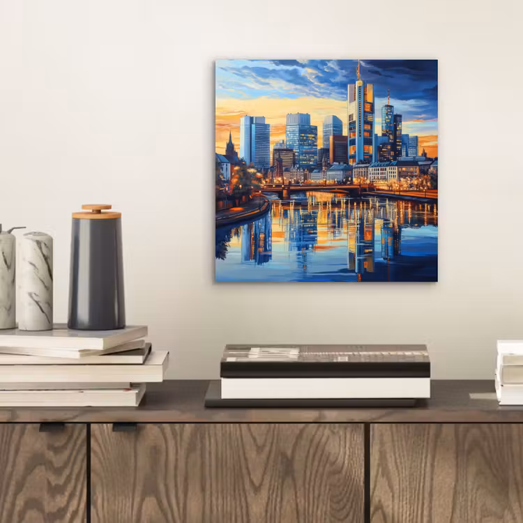 Aluminium schilderij - Zonsondergang Frankfurt - Stad - Skyline - Water — 2