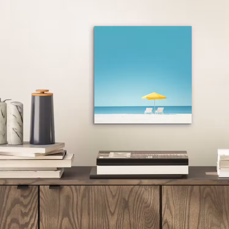 Aluminium schilderij - Strand - Blauwe lucht - Geel - Parasol — 2