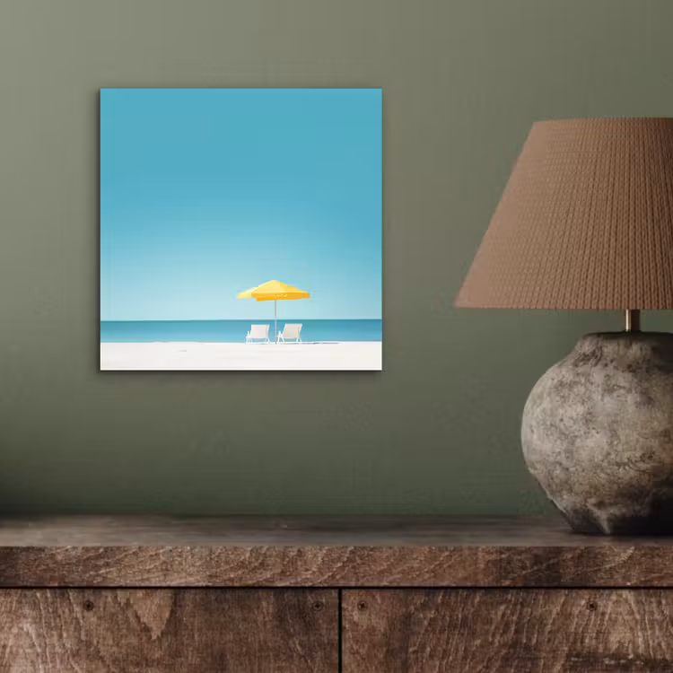 Aluminium schilderij - Strand - Blauwe lucht - Geel - Parasol — 3