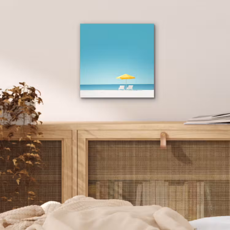 Aluminium schilderij - Strand - Blauwe lucht - Geel - Parasol — 4