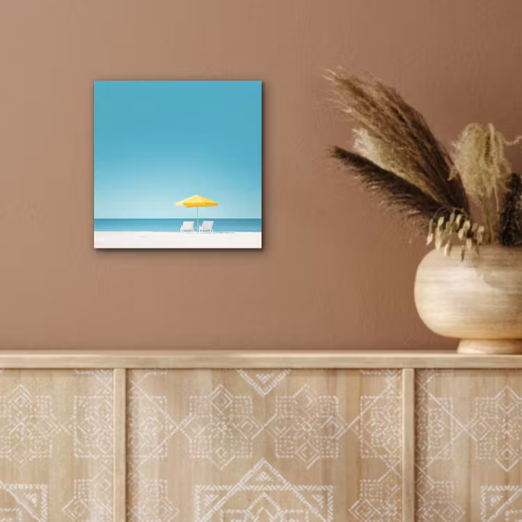 Aluminium schilderij - Strand - Blauwe lucht - Geel - Parasol — 5