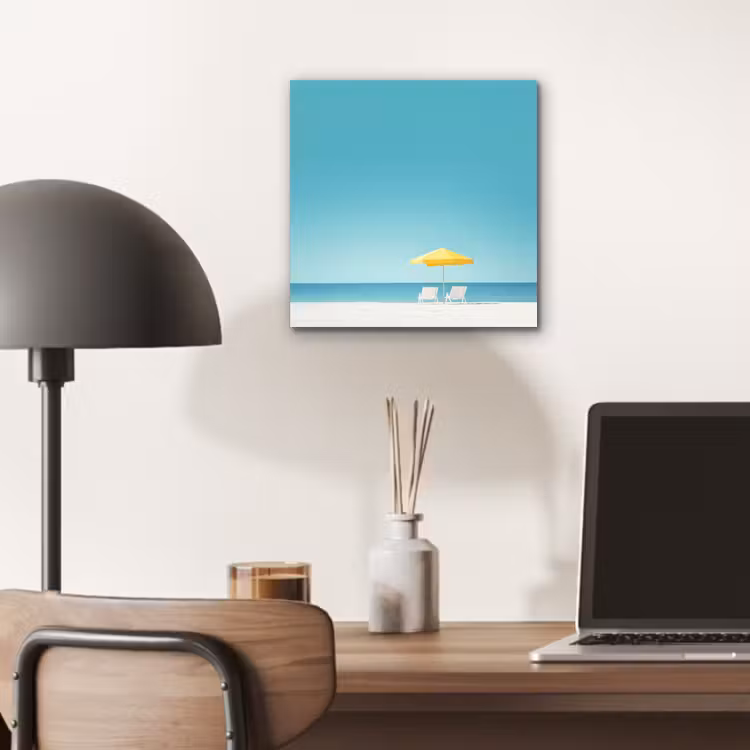 Aluminium schilderij - Strand - Blauwe lucht - Geel - Parasol — 6