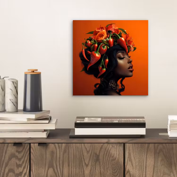 Aluminium schilderij - Vrouw - Chilipepers - Pepers - Bloemen — 2