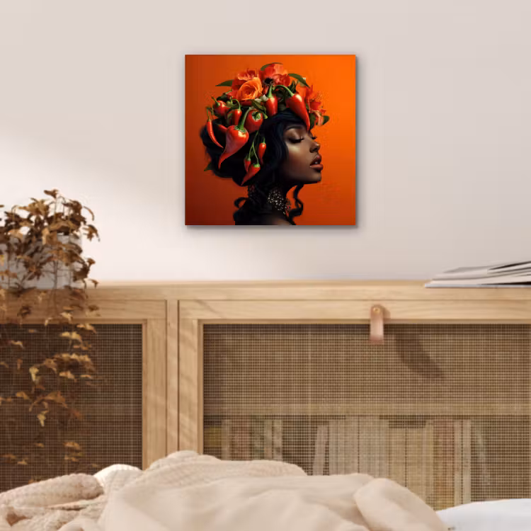 Aluminium schilderij - Vrouw - Chilipepers - Pepers - Bloemen — 4