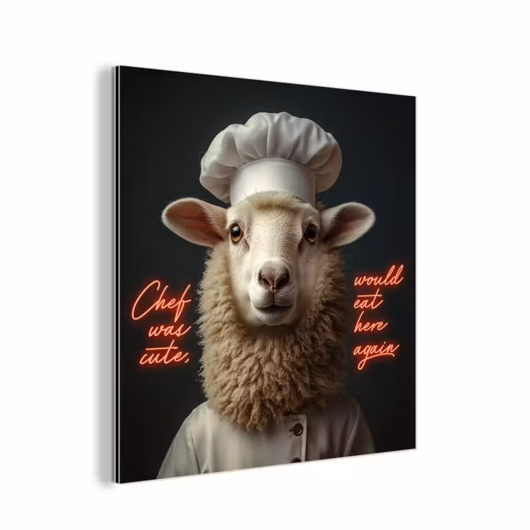 Aluminium schilderij - Schaap - Kokskleding - Neon - Quote — 1