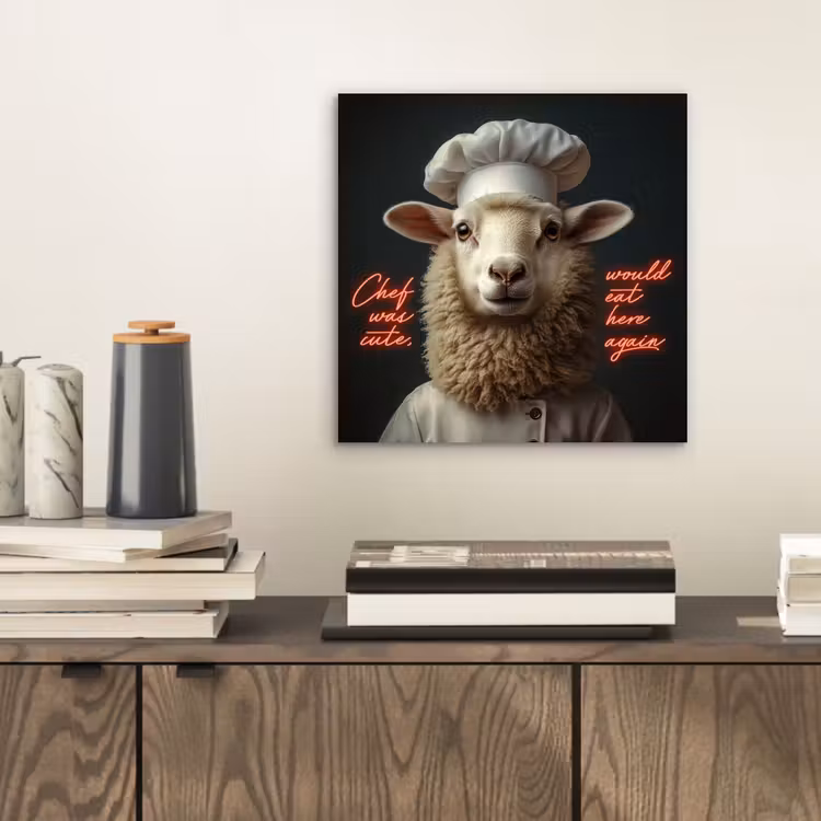 Aluminium schilderij - Schaap - Kokskleding - Neon - Quote — 2