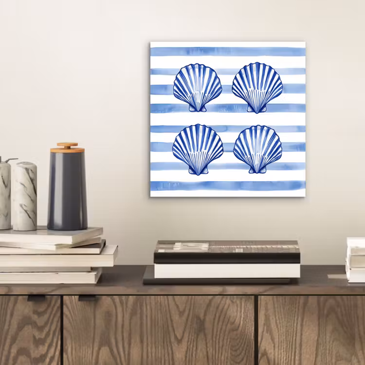 Aluminium schilderij - Vier schelpen - Blauw - Wit - Strepen — 2