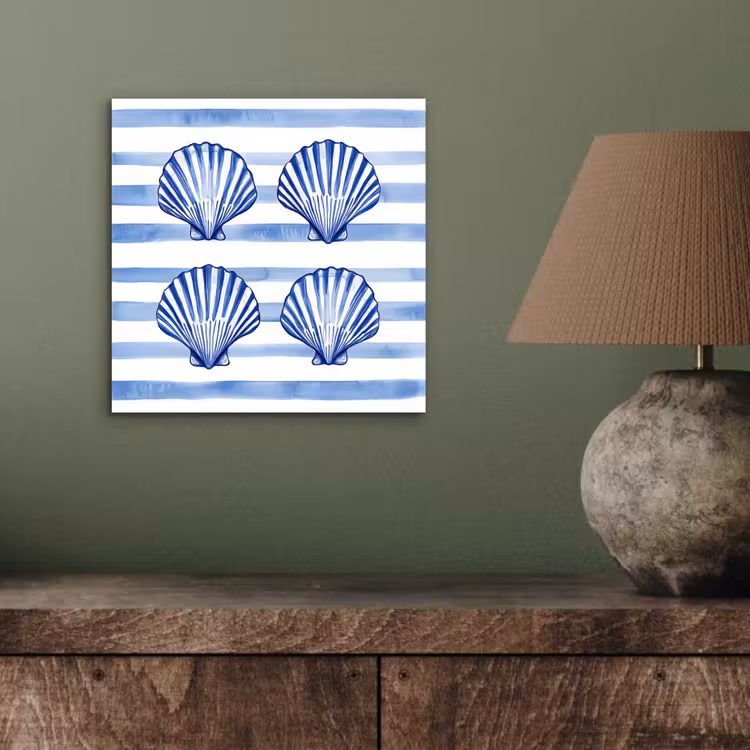 Aluminium schilderij - Vier schelpen - Blauw - Wit - Strepen — 3