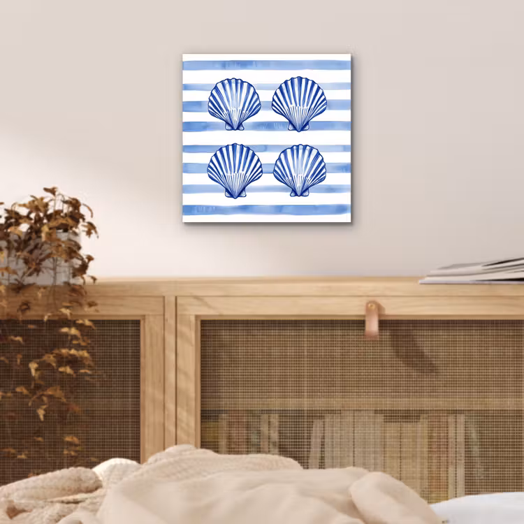 Aluminium schilderij - Vier schelpen - Blauw - Wit - Strepen — 4