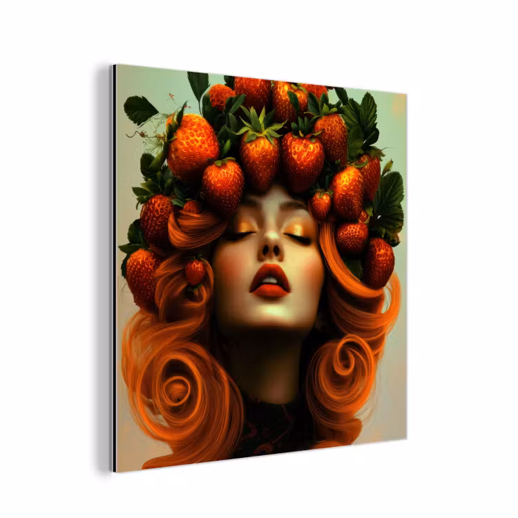 Aluminium schilderij - Vrouw - Aardbeien - Kroon — 1