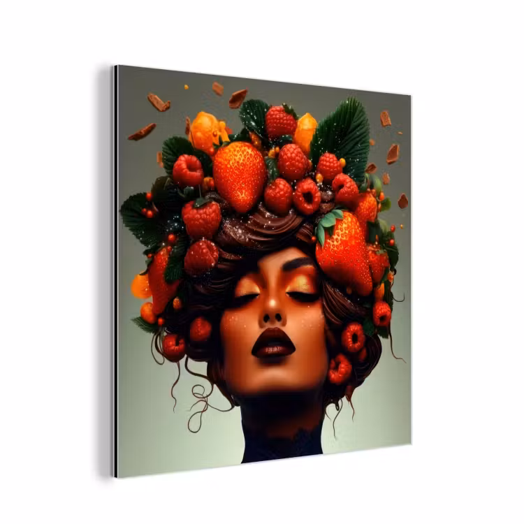 Aluminium schilderij - Vrouw - Chocolade - Frambozen - Aardbeien - Koekjes — 1