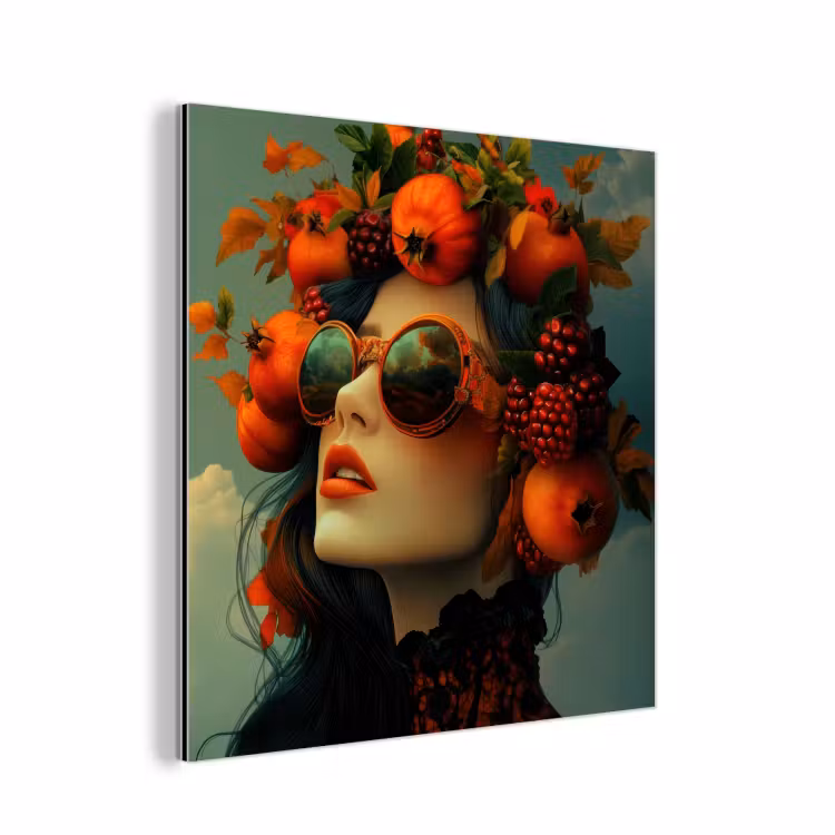 Aluminium schilderij - Vrouw - Granaatappel - Herfst - Zonnebril — 1