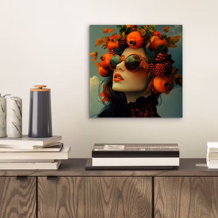 Aluminium schilderij - Vrouw - Granaatappel - Herfst - Zonnebril — 2