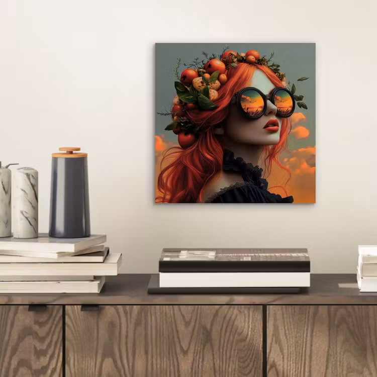 Aluminium schilderij - Vrouw - Kroon - Tomaat - Bascilicum - Zonnebril — 2