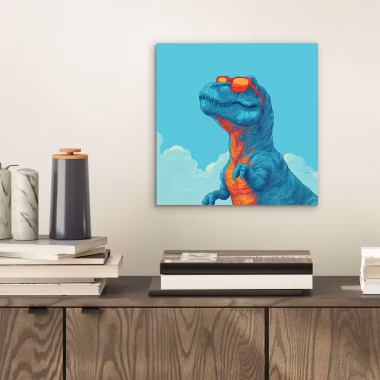 Aluminium schilderij - T-Rex - Blauw - Wolken - Zonnebril — 2