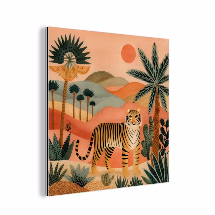 Aluminium schilderij - Tijger - Kleurrijk - Palmen - Cactus — 1
