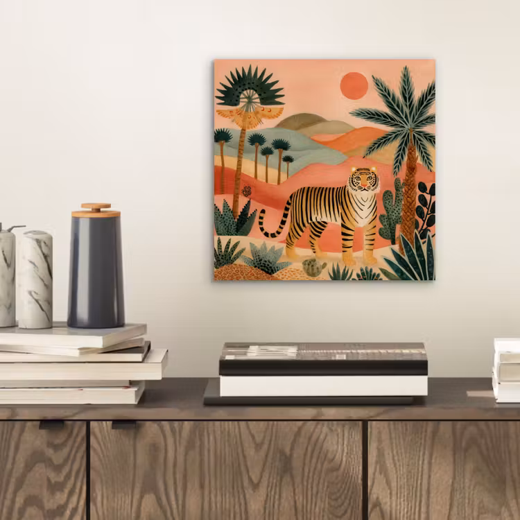 Aluminium schilderij - Tijger - Kleurrijk - Palmen - Cactus — 2