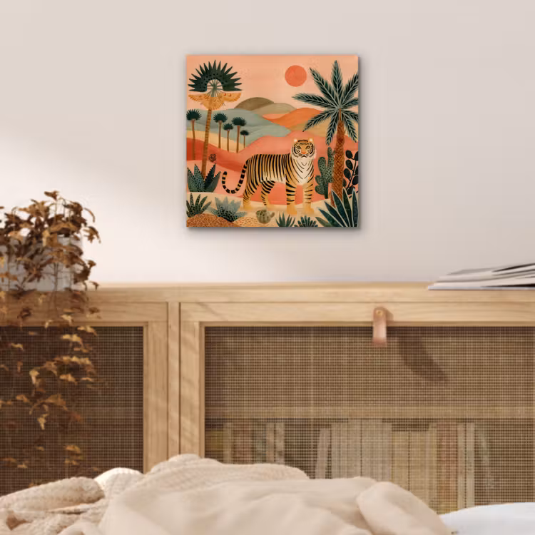 Aluminium schilderij - Tijger - Kleurrijk - Palmen - Cactus — 4