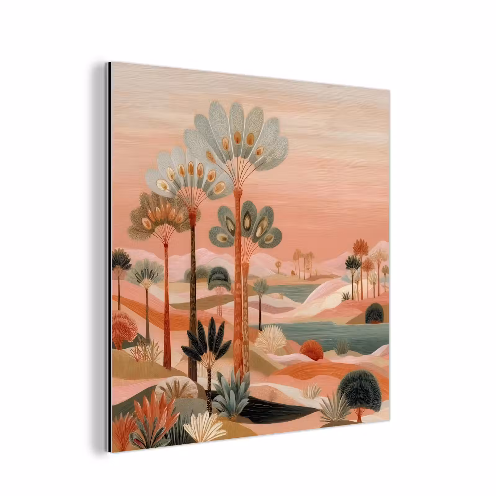 Aluminium schilderij - Roze landschap - Palmen - Water — 1