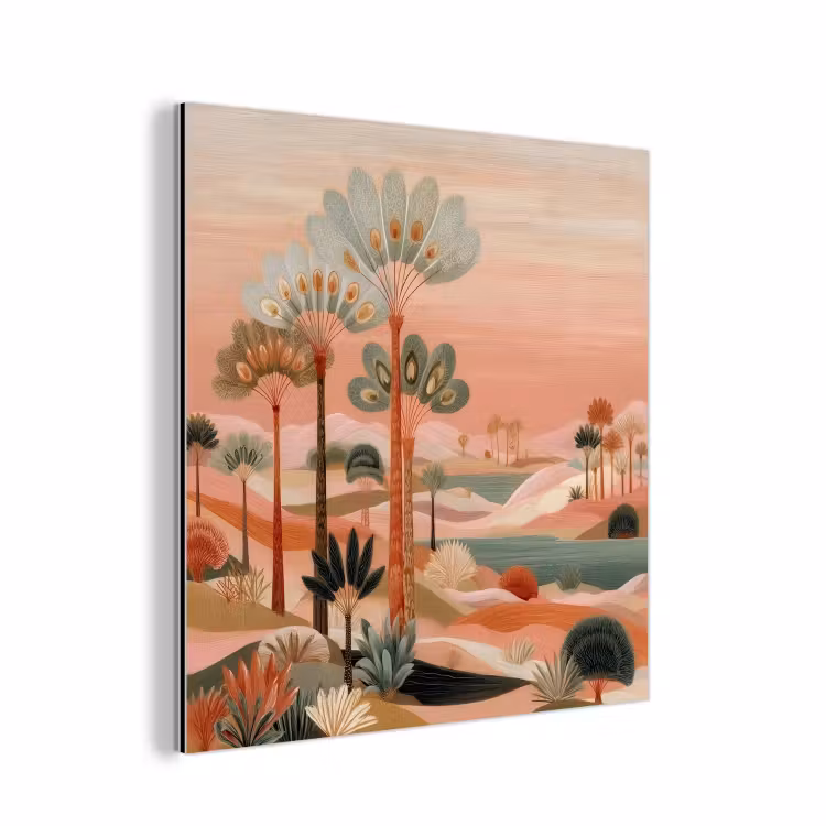 Aluminium schilderij - Roze landschap - Palmen - Water — 1