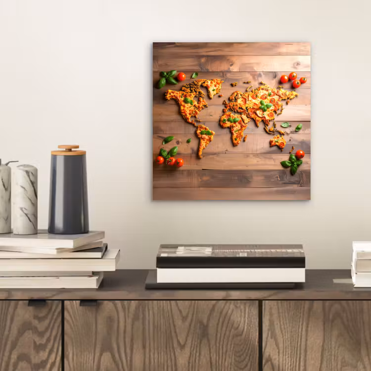 Aluminium schilderij - Wereldkaart - Pizza - Houten ondergrond — 2