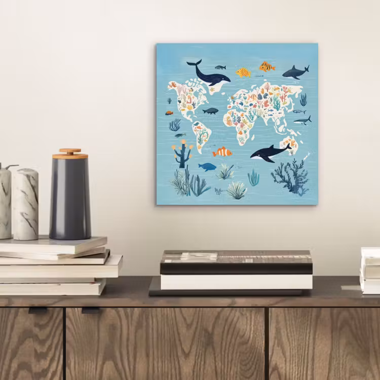 Aluminium schilderij - Wereldkaart - Zeeleven - Blauw — 2