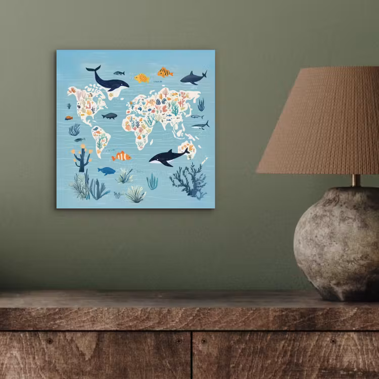 Aluminium schilderij - Wereldkaart - Zeeleven - Blauw — 3
