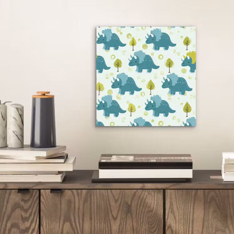 Aluminium schilderij - Triceratop - Blauw - Stippen - Boompjes — 2