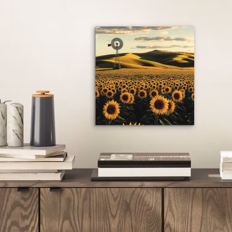 Aluminium schilderij - Zonnebloem - Veld - Windmolen — 2