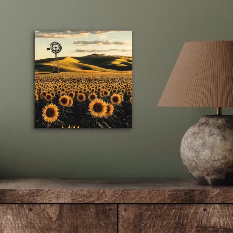 Aluminium schilderij - Zonnebloem - Veld - Windmolen — 3