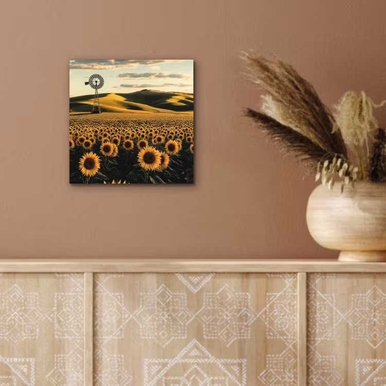 Aluminium schilderij - Zonnebloem - Veld - Windmolen — 5