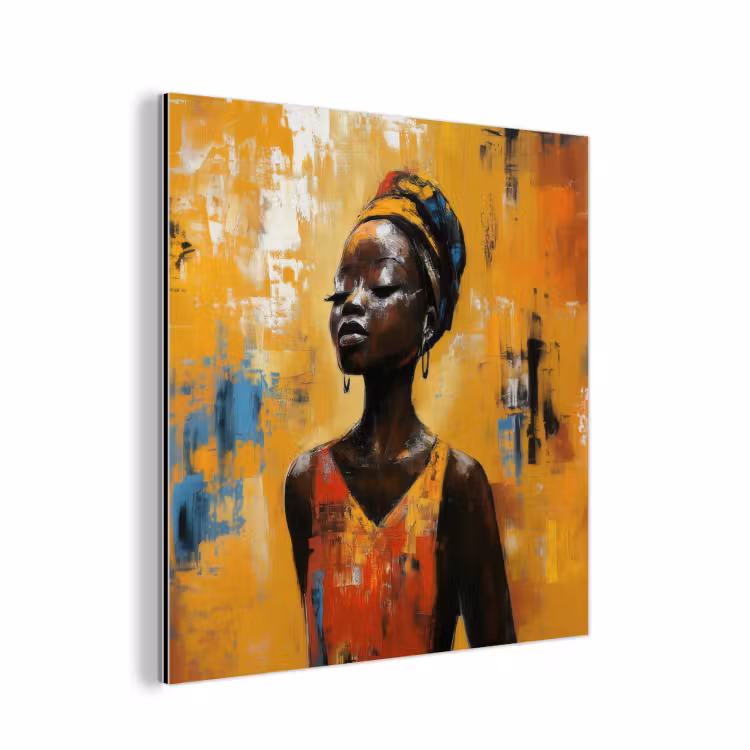 Aluminium schilderij - Vrouw - Ogen - Penseelstreken - Geel — 1