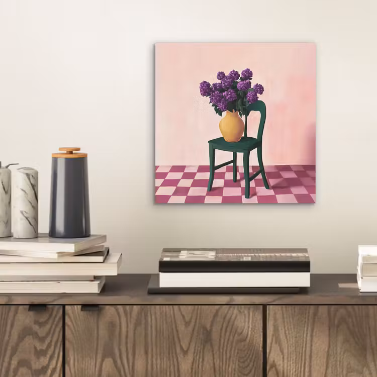 Aluminium schilderij - Stoel - Vaas - Bloemen - Geblokt — 2