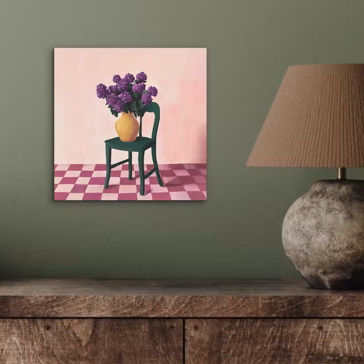 Aluminium schilderij - Stoel - Vaas - Bloemen - Geblokt — 3