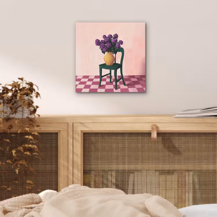 Aluminium schilderij - Stoel - Vaas - Bloemen - Geblokt — 4