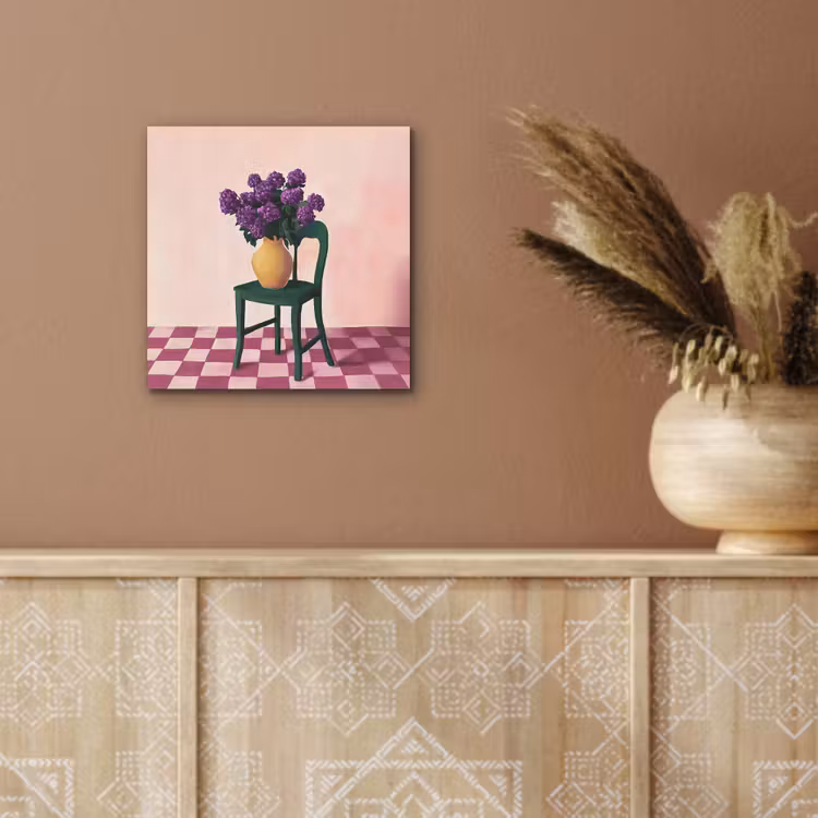 Aluminium schilderij - Stoel - Vaas - Bloemen - Geblokt — 5