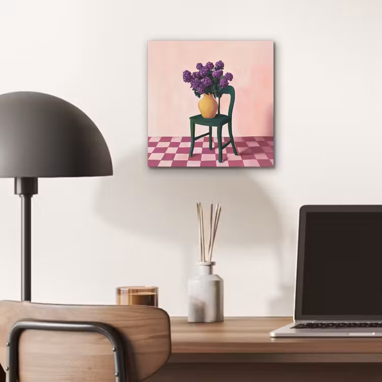 Aluminium schilderij - Stoel - Vaas - Bloemen - Geblokt — 6
