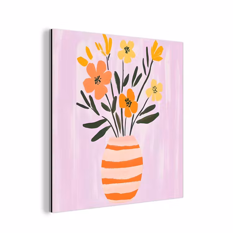 Aluminium schilderij - Vaas - Gestreept - Bloemen - Oranje — 1