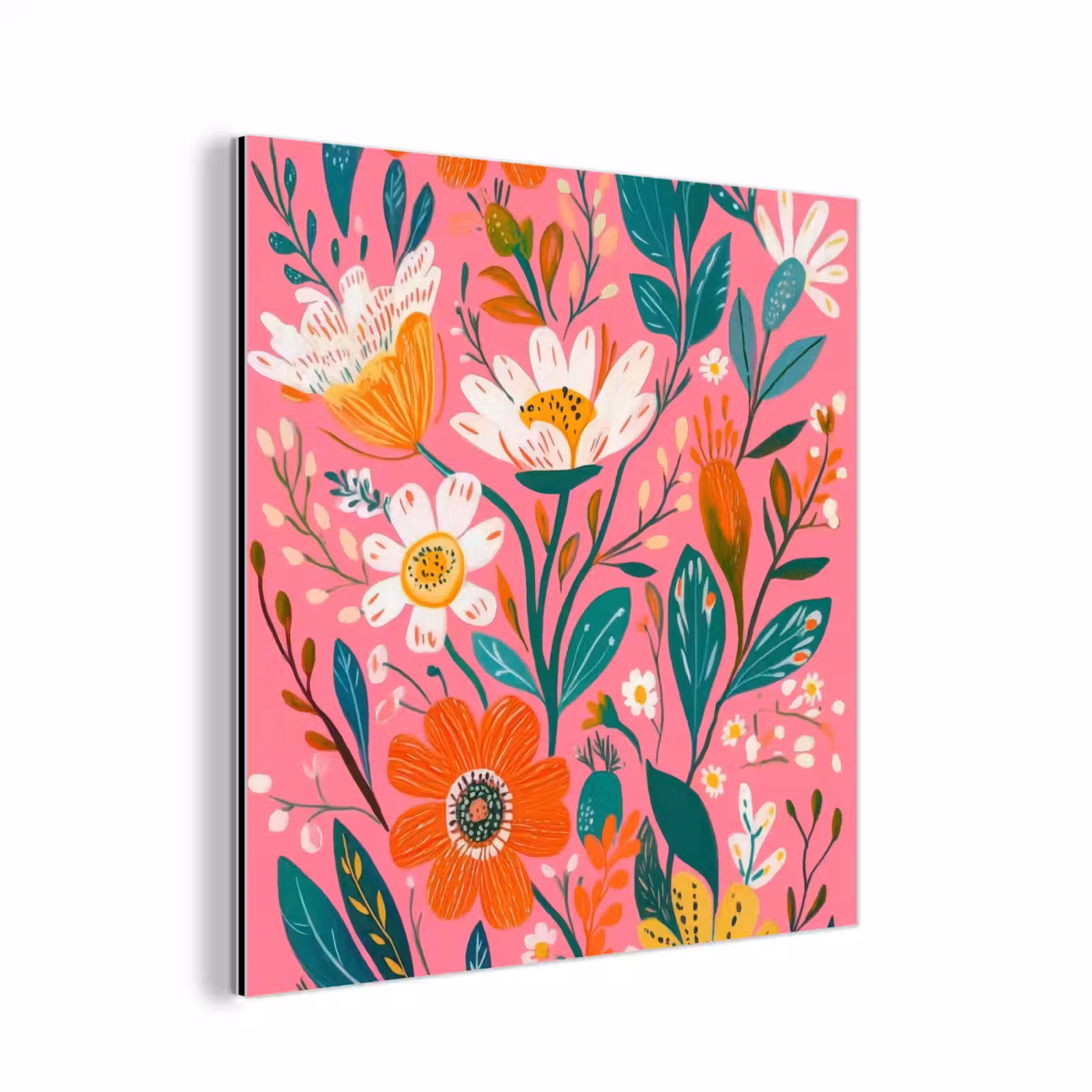 Aluminium schilderij - Roze - Bloemen - Wit - Oranje — 1