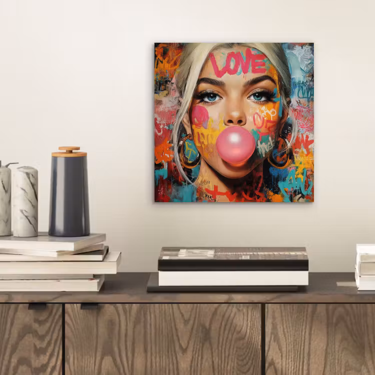 Aluminium schilderij - Vrouw - Kauwgom - Graffiti - Love — 2
