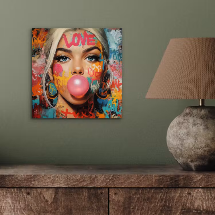 Aluminium schilderij - Vrouw - Kauwgom - Graffiti - Love — 3