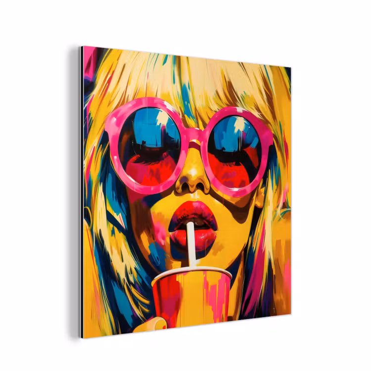 Aluminium schilderij - Zonnebril - Roze - Vrouw - Rietje — 1