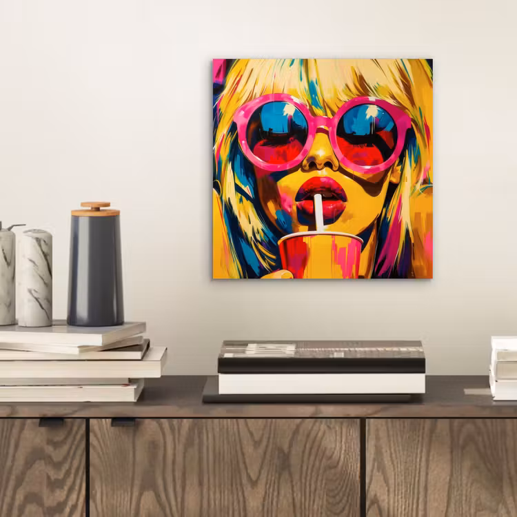 Aluminium schilderij - Zonnebril - Roze - Vrouw - Rietje — 2