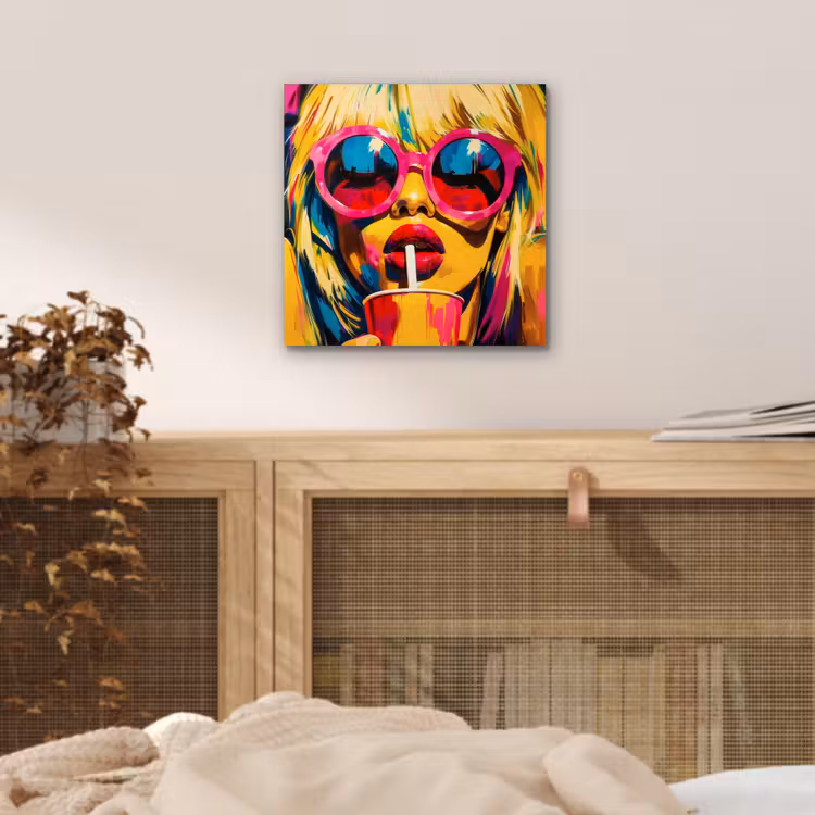 Aluminium schilderij - Zonnebril - Roze - Vrouw - Rietje — 4