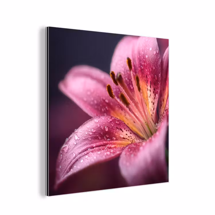 Aluminium schilderij - Roze - lelie - Dauwdruppels — 1