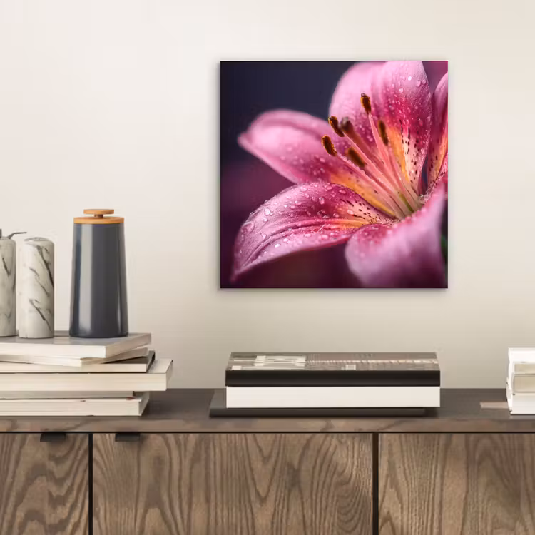 Aluminium schilderij - Roze - lelie - Dauwdruppels — 2