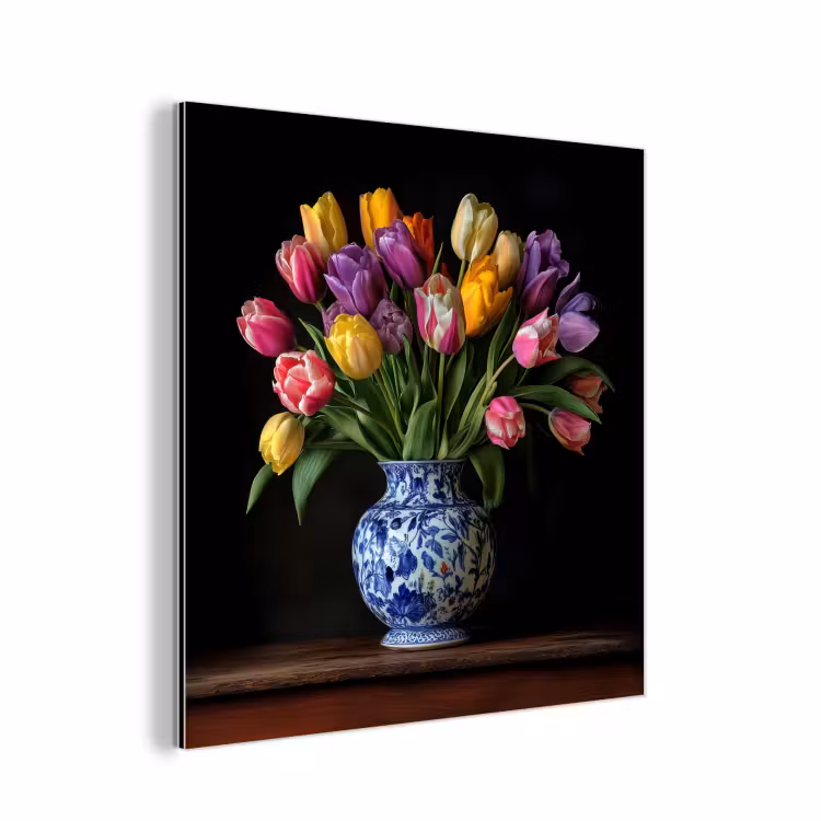 Aluminium schilderij - Tulpen - Kleuren - Hout - Vaas — 1