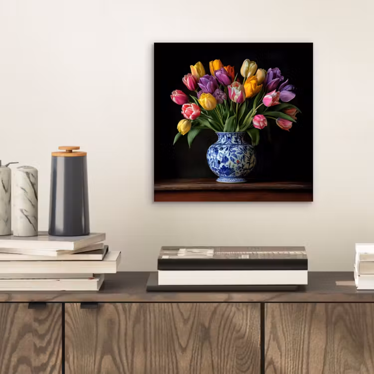 Aluminium schilderij - Tulpen - Kleuren - Hout - Vaas — 2