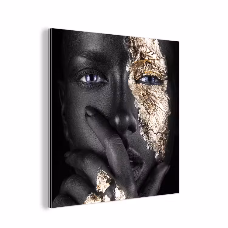 Aluminium schilderij - Vrouw - Goud - Zwart - Schmink - Luxe — 1